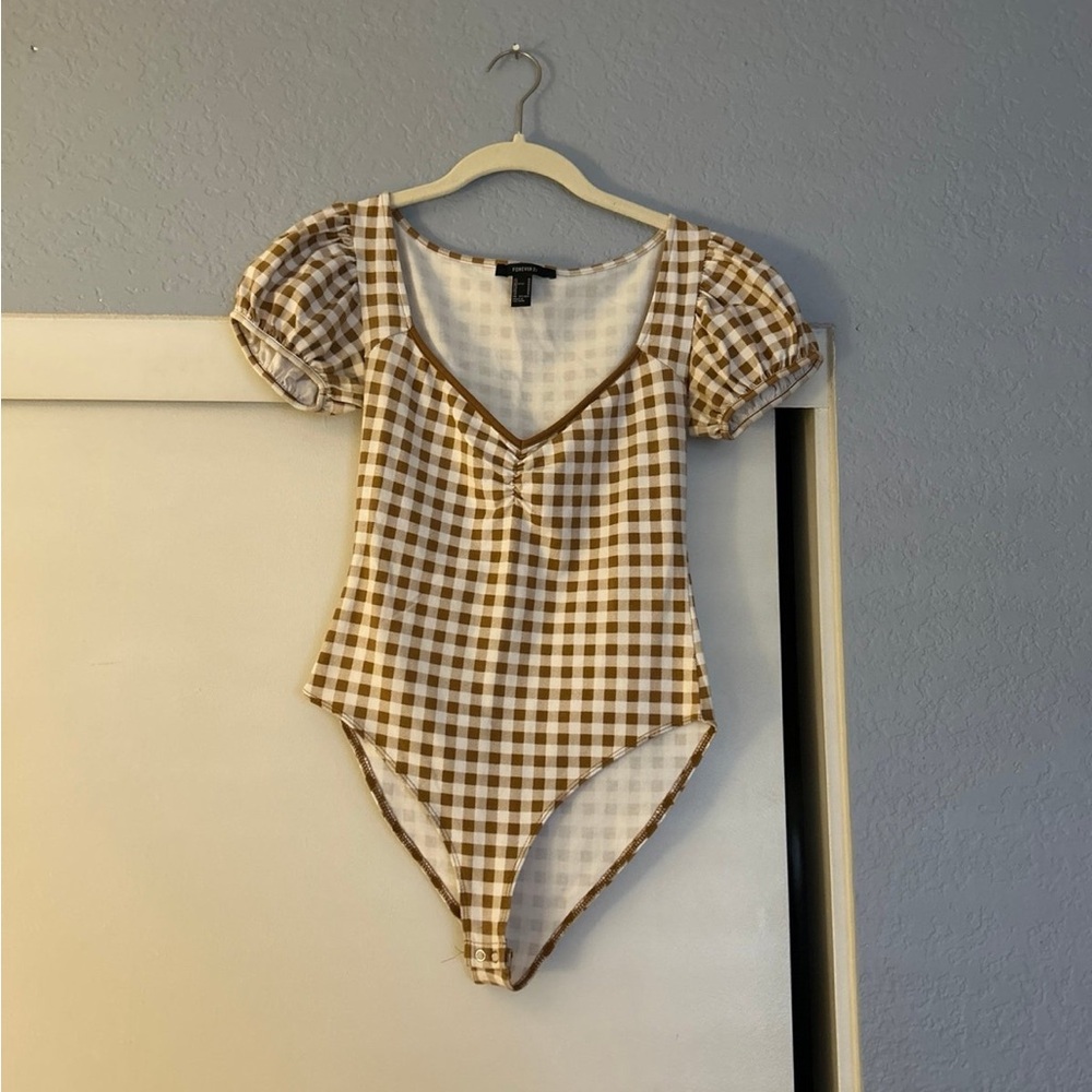 Forever 21 Puff Sleeve Gingham Bodysuit